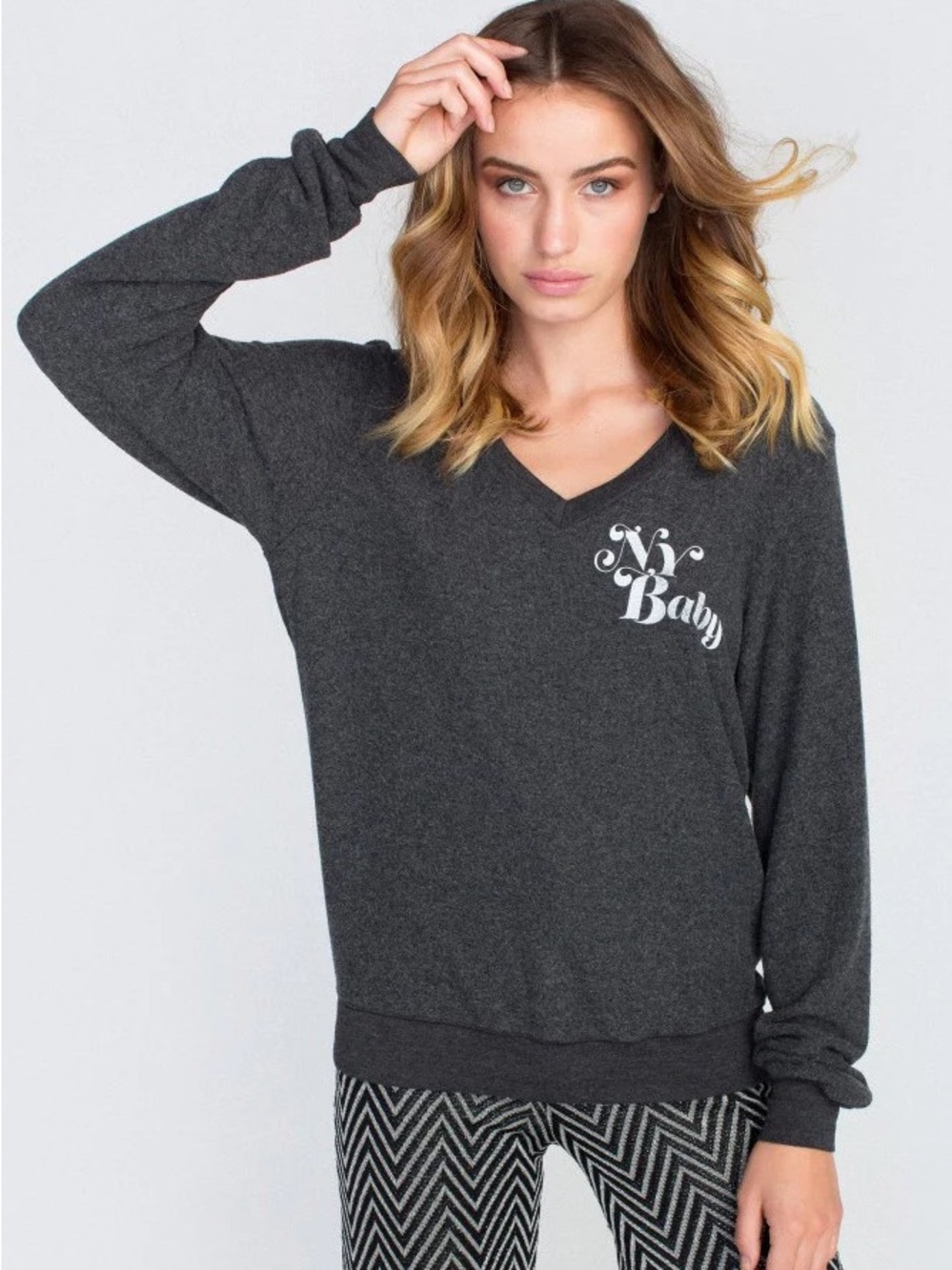 Wildfox "NY Baby" Baggy Beach V Neck Sweater Comfy Casual Athleisure Lounge